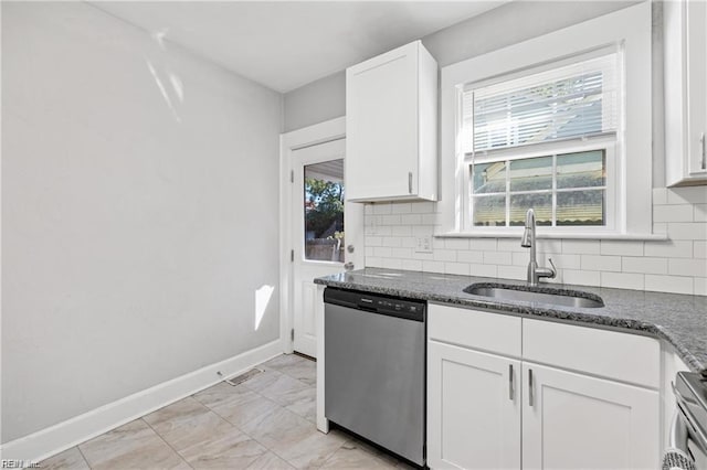 kitchen featuring white cabinets, sink, stainless steel dishwasher, dark stone countertops, and range