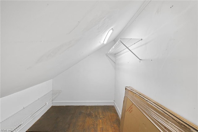 spacious closet with vaulted ceiling and dark hardwood / wood-style floors