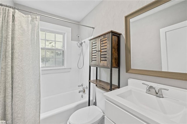 full bathroom featuring vanity, toilet, and shower / tub combo with curtain