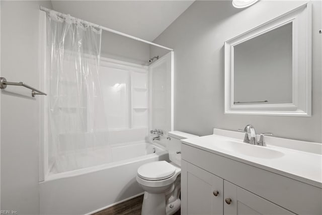 full bathroom with toilet, vanity, shower / bath combination with curtain, and hardwood / wood-style floors