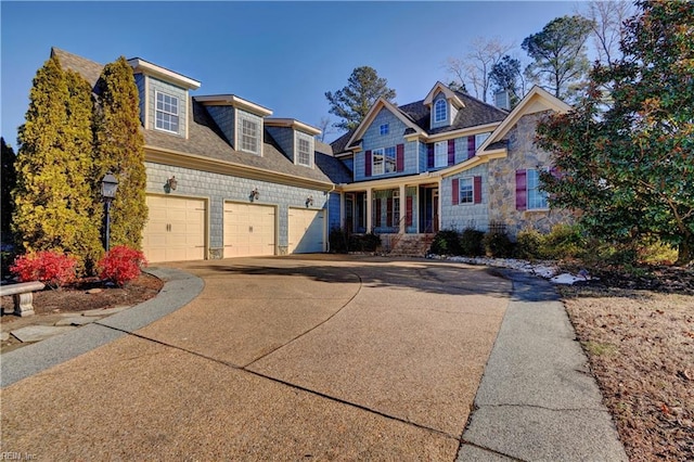 view of front of home with a porch and a garage