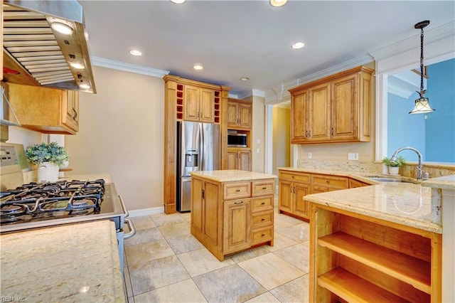 kitchen with island exhaust hood, stainless steel appliances, ornamental molding, a kitchen island, and sink