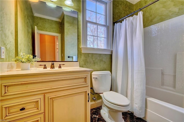 full bathroom featuring shower / tub combo with curtain, crown molding, vanity, and toilet