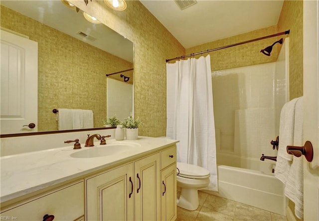 full bathroom with vanity, tile patterned flooring, toilet, and shower / bathtub combination with curtain