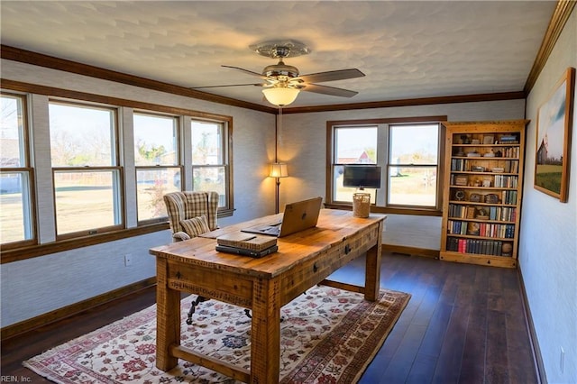 home office with dark hardwood / wood-style floors, ceiling fan, and ornamental molding