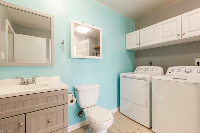 bathroom featuring vanity, toilet, washer and clothes dryer, and tile patterned flooring