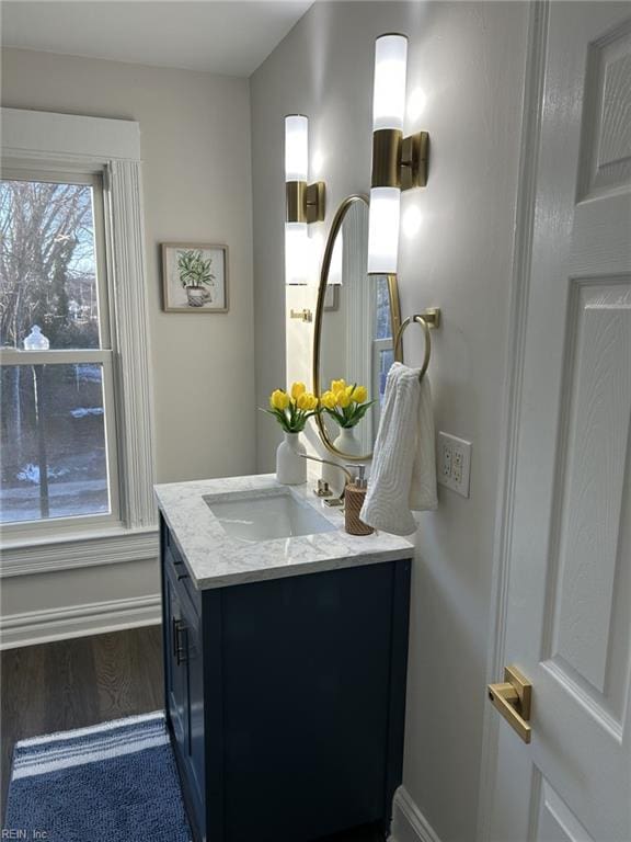 bathroom with vanity, a wealth of natural light, and hardwood / wood-style floors