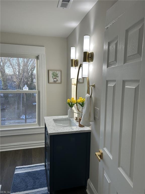 bathroom featuring hardwood / wood-style flooring and vanity