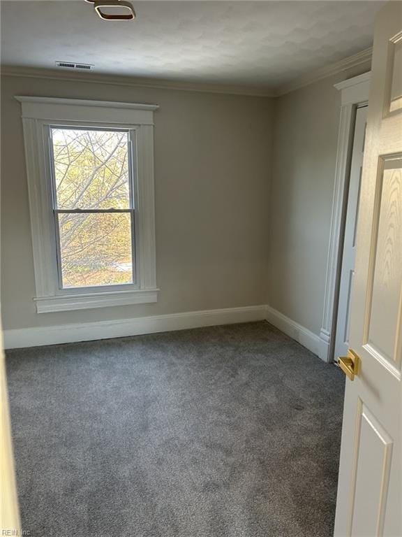 carpeted empty room featuring crown molding