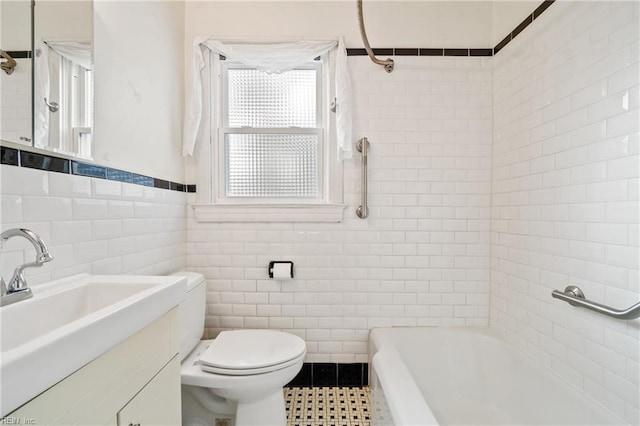 full bathroom with plus walk in shower, vanity, toilet, and tile walls