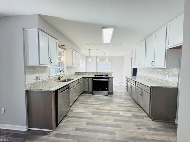 kitchen with appliances with stainless steel finishes, pendant lighting, sink, light hardwood / wood-style flooring, and backsplash