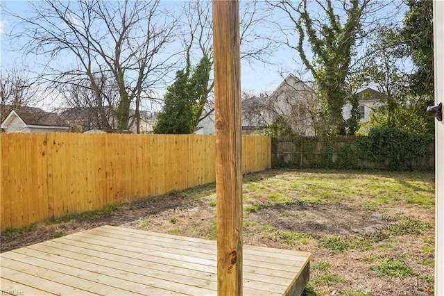 view of yard featuring a fenced backyard and a deck