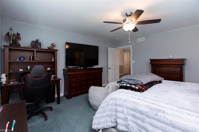 bedroom featuring ceiling fan and light colored carpet