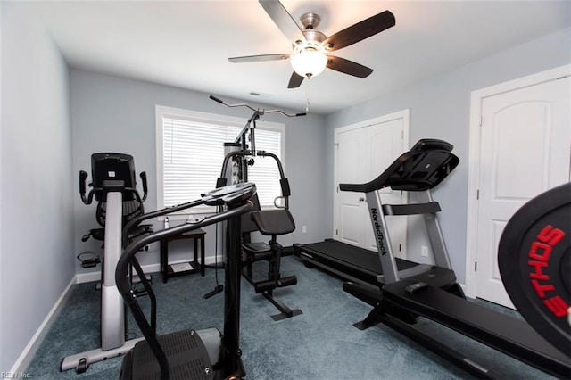 exercise room with ceiling fan