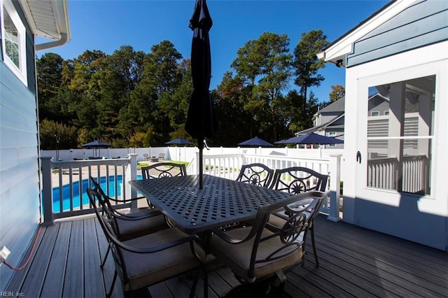 deck featuring a covered pool