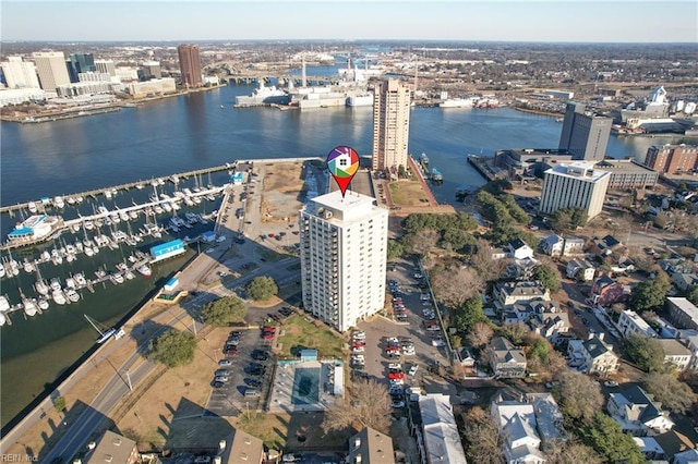 bird's eye view with a water view