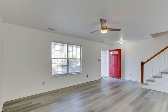 entrance foyer featuring ceiling fan and hardwood / wood-style floors