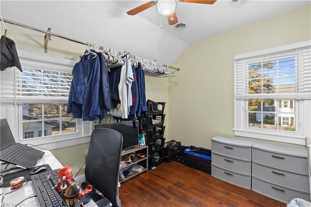 spacious closet featuring ceiling fan, dark hardwood / wood-style flooring, and vaulted ceiling