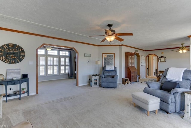 living room with a textured ceiling, light colored carpet, and crown molding