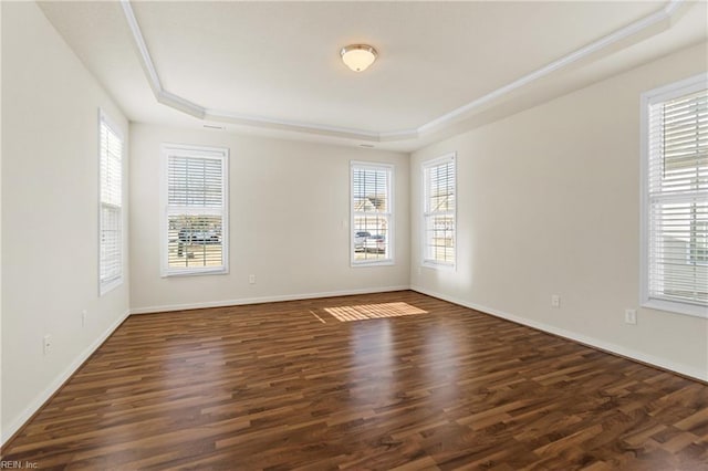 unfurnished room with dark wood-type flooring and a tray ceiling