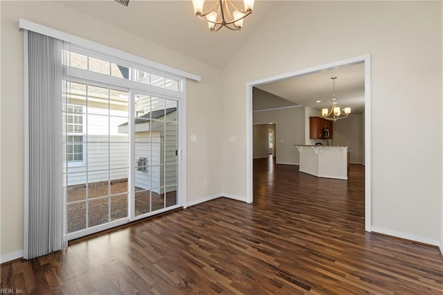 unfurnished dining area featuring a notable chandelier, high vaulted ceiling, and dark hardwood / wood-style floors