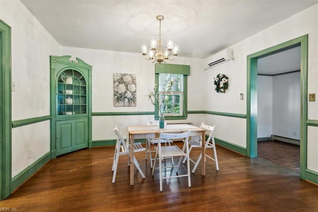 dining area featuring a notable chandelier, a wall mounted AC, dark wood-type flooring, and a baseboard radiator