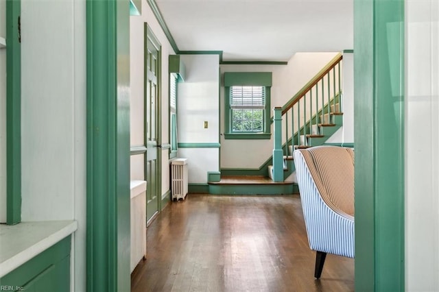 interior space with radiator heating unit and dark hardwood / wood-style floors