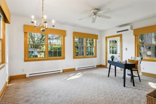 interior space featuring ceiling fan with notable chandelier, baseboard heating, and a wall unit AC