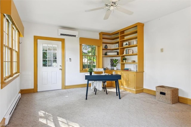 carpeted office space with ceiling fan, a wall unit AC, and a baseboard radiator