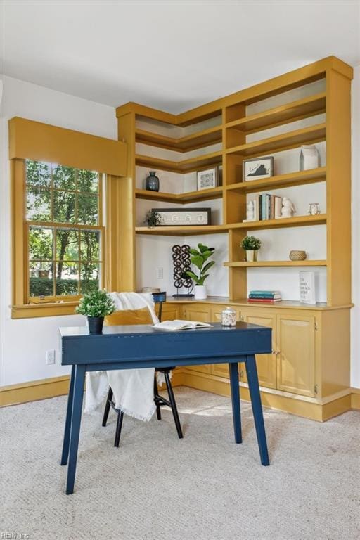 office space featuring light carpet and built in shelves