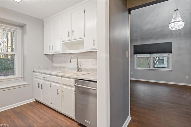 kitchen featuring decorative light fixtures, sink, white cabinets, and stainless steel dishwasher