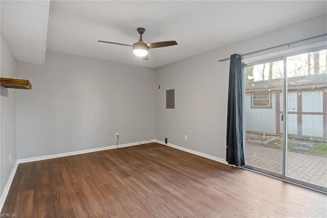 spare room featuring ceiling fan, dark hardwood / wood-style floors, and electric panel