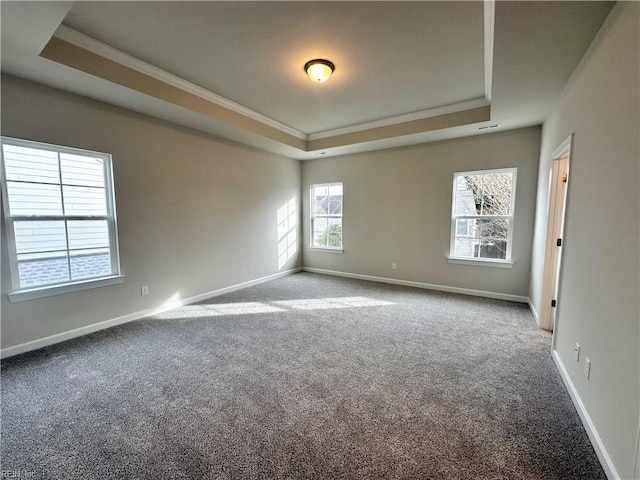 carpeted empty room featuring a raised ceiling and ornamental molding