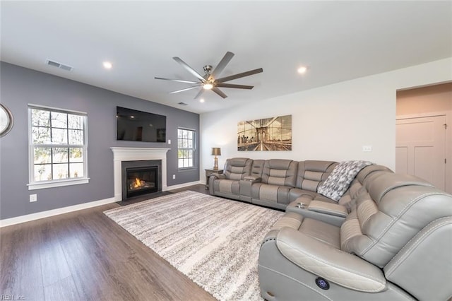 living room with ceiling fan and dark hardwood / wood-style floors