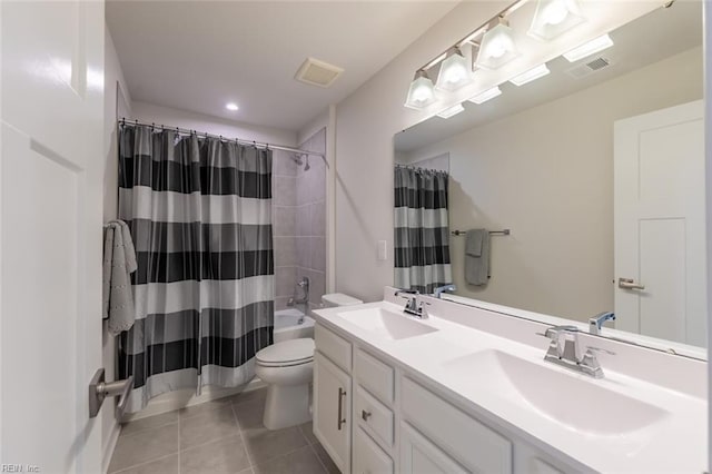 full bathroom with toilet, shower / tub combo, tile patterned floors, and vanity