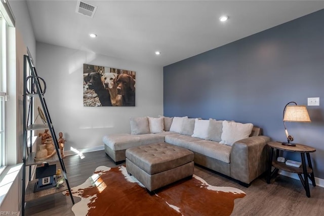 living room with dark hardwood / wood-style floors