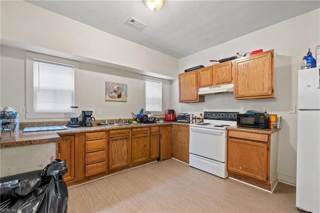 kitchen with sink, white appliances, light hardwood / wood-style flooring, and a wealth of natural light