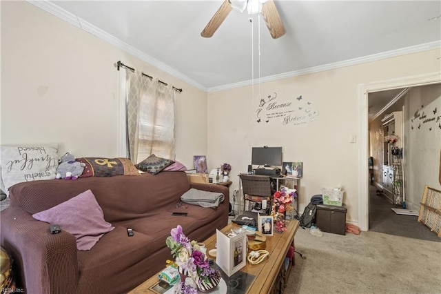 living room with carpet floors, ornamental molding, and ceiling fan