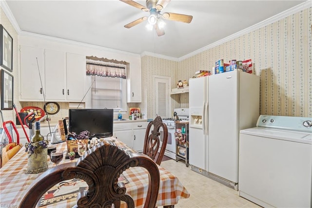 office with ceiling fan, crown molding, and washer / clothes dryer