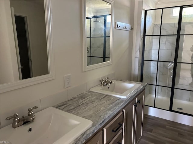 bathroom featuring a shower with door and vanity