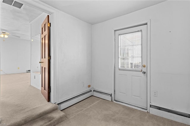 doorway with light colored carpet, ceiling fan, and a baseboard radiator