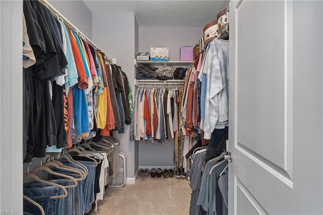 spacious closet featuring light colored carpet