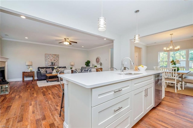 kitchen with stainless steel dishwasher, open floor plan, a sink, and light wood finished floors