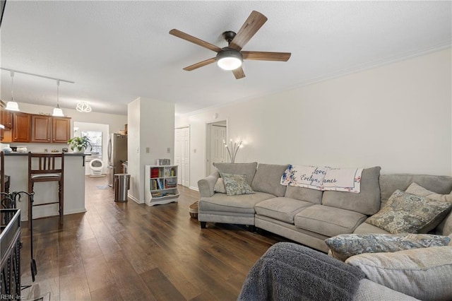 living room featuring ceiling fan, dark wood-type flooring, crown molding, and rail lighting