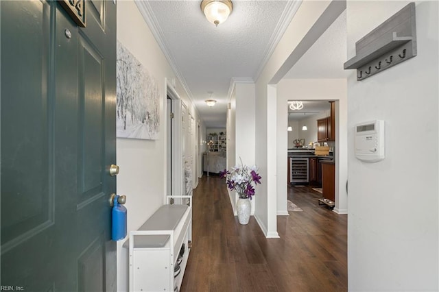 corridor with a textured ceiling, ornamental molding, beverage cooler, and dark hardwood / wood-style floors