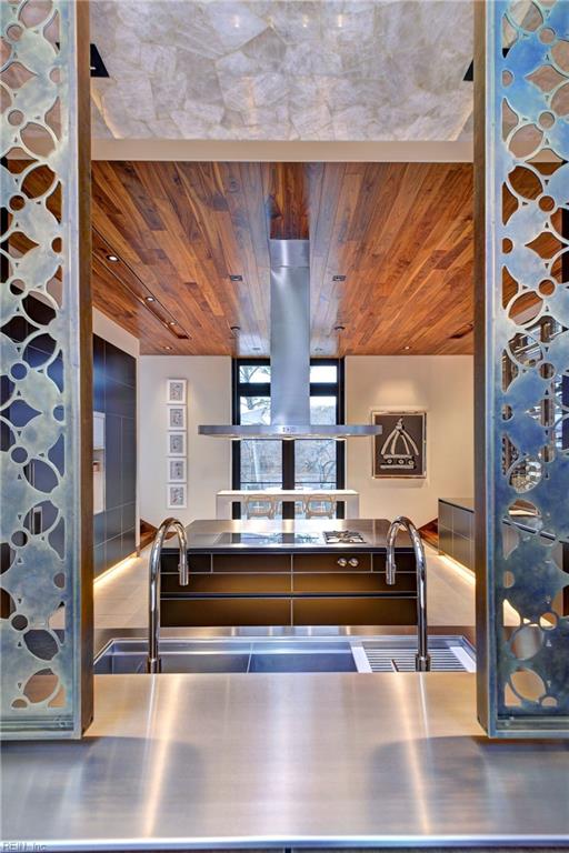 kitchen featuring sink, wood ceiling, and stainless steel counters