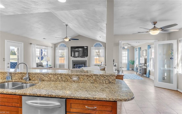 kitchen with sink, dishwasher, light stone countertops, and a fireplace