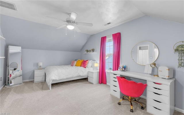 carpeted bedroom featuring vaulted ceiling and ceiling fan