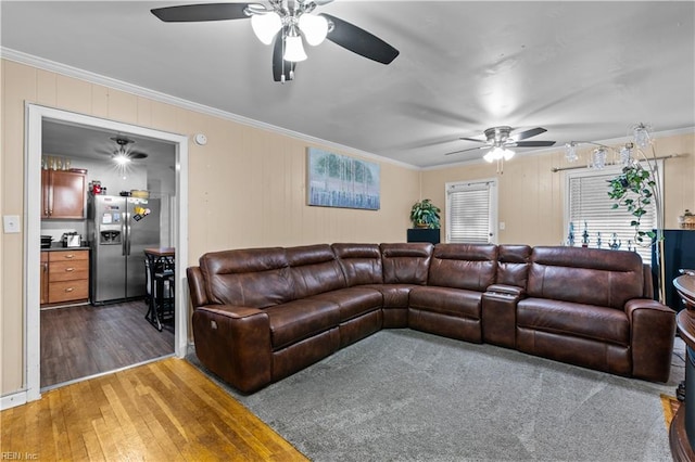 living room with ceiling fan, crown molding, and dark wood-type flooring