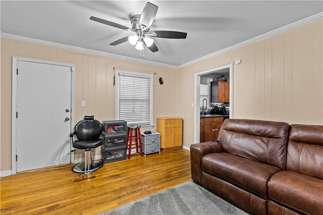 living room with ceiling fan, hardwood / wood-style floors, crown molding, and sink